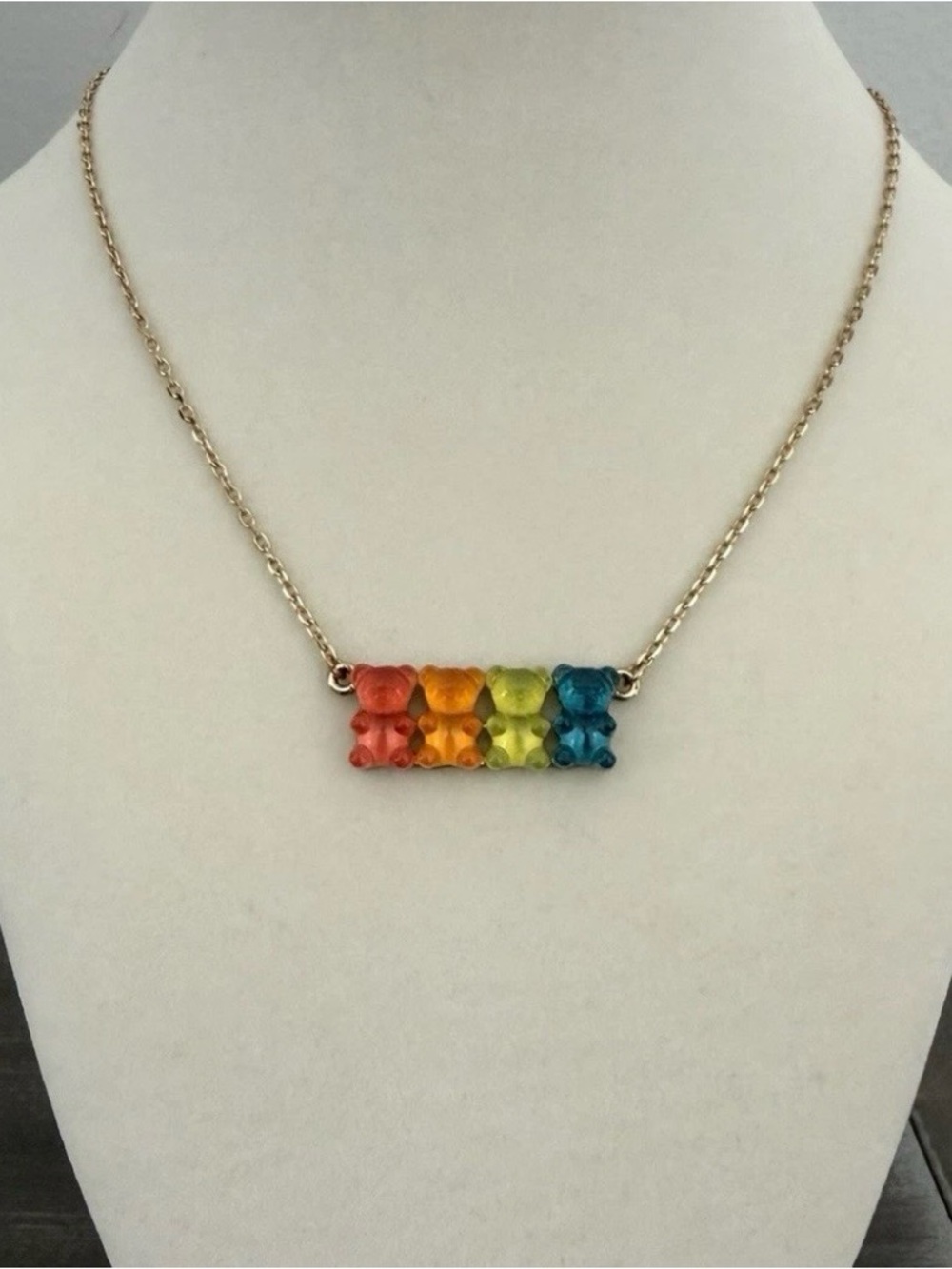 NWOT Betsey Johnson Rainbow Resin Gummy Bear Necklace Gold Tone
